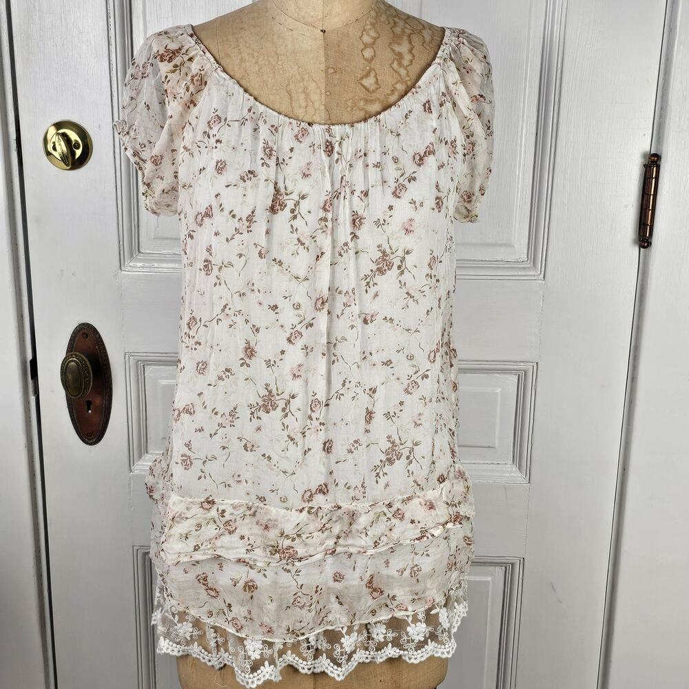 Amanti boho floral peasant cottage baby doll pink white top Small